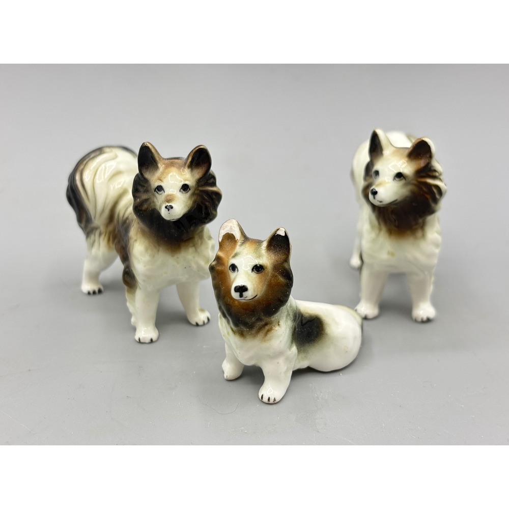 Vintage Porcelain Shetland Sheepdog Collie‎ Dog Figurines Set of 3 Miniature Tri